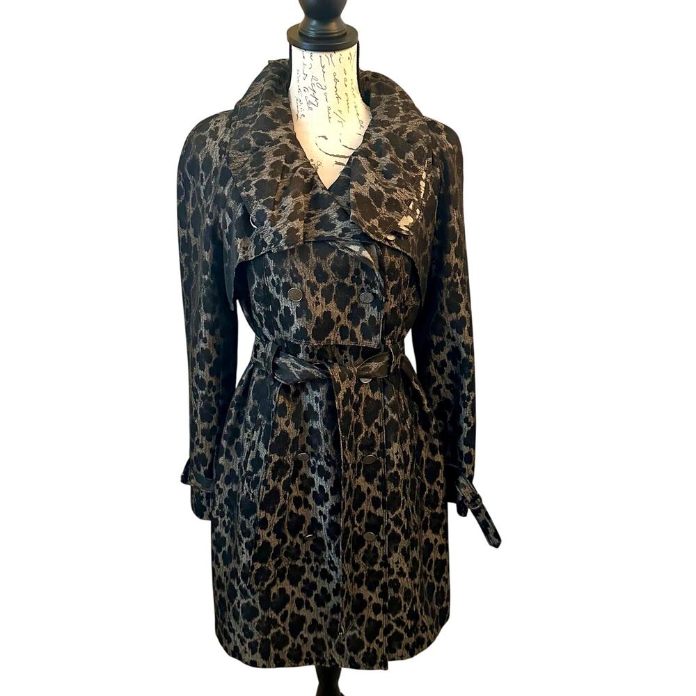 Tahari Silver Black Metallic Leopard Print Double Breasted Trench Coat, Size S